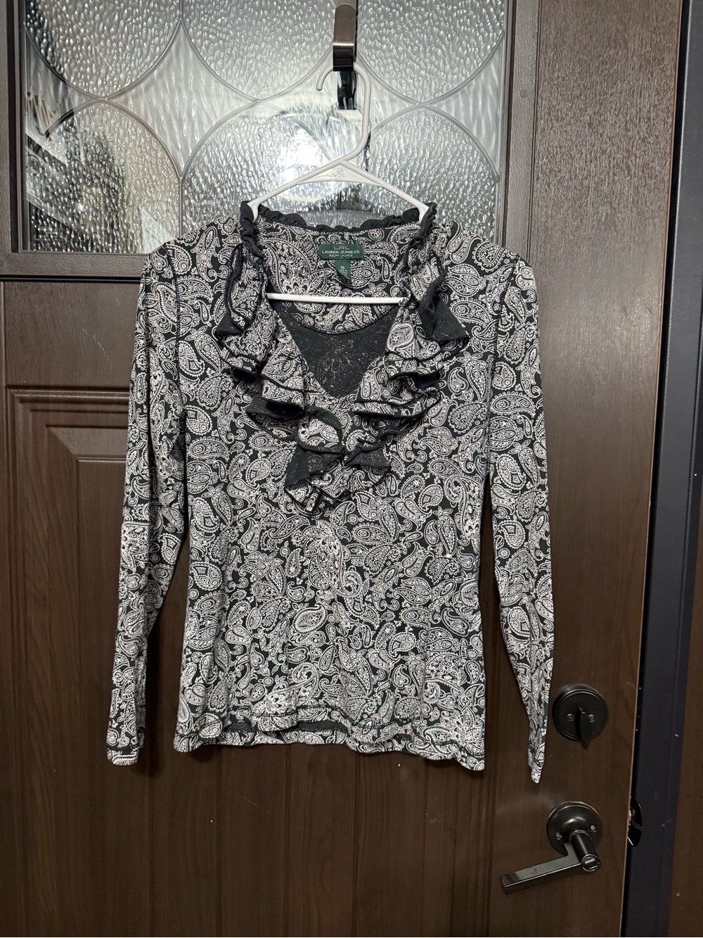 Lauren Ralph Lauren Black and White Paisley Ruffle-Neck Blouse